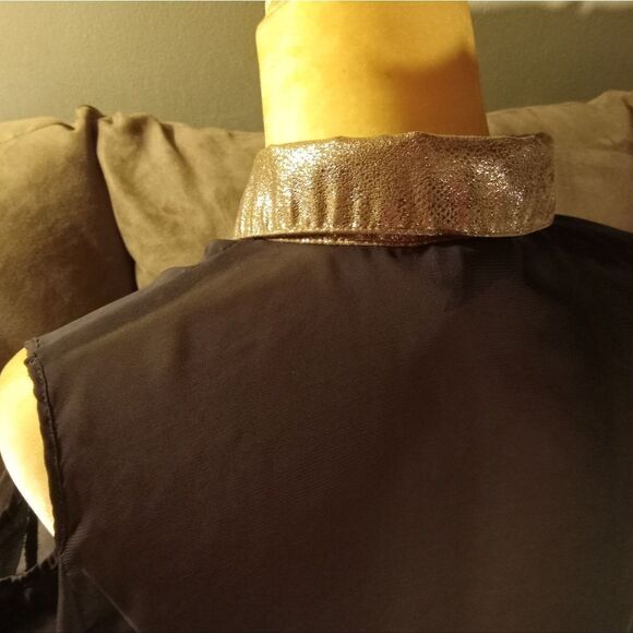 SHEER long sleeve blouse with tortoise shell gold trim & cut-out shoulders - Picture 8 of 10